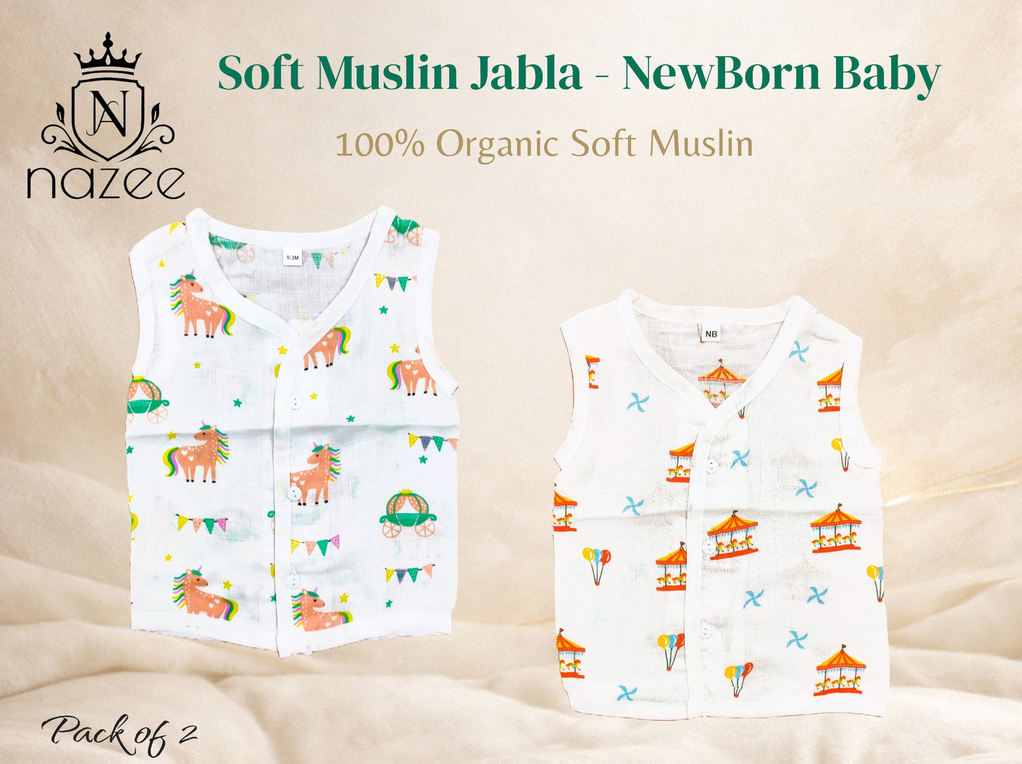 NewBorn Baby Jabla - Sleeveless Button Jabla Top Only - Pack of 2 (Model: JB-SL-B-1-201)