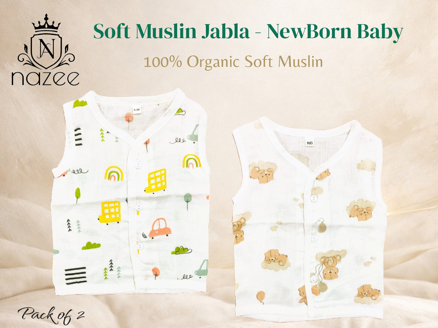NewBorn Baby Jabla - Sleeveless Button Jabla Top Only - Pack of 2 (Model: JB-SL-B-1-202)