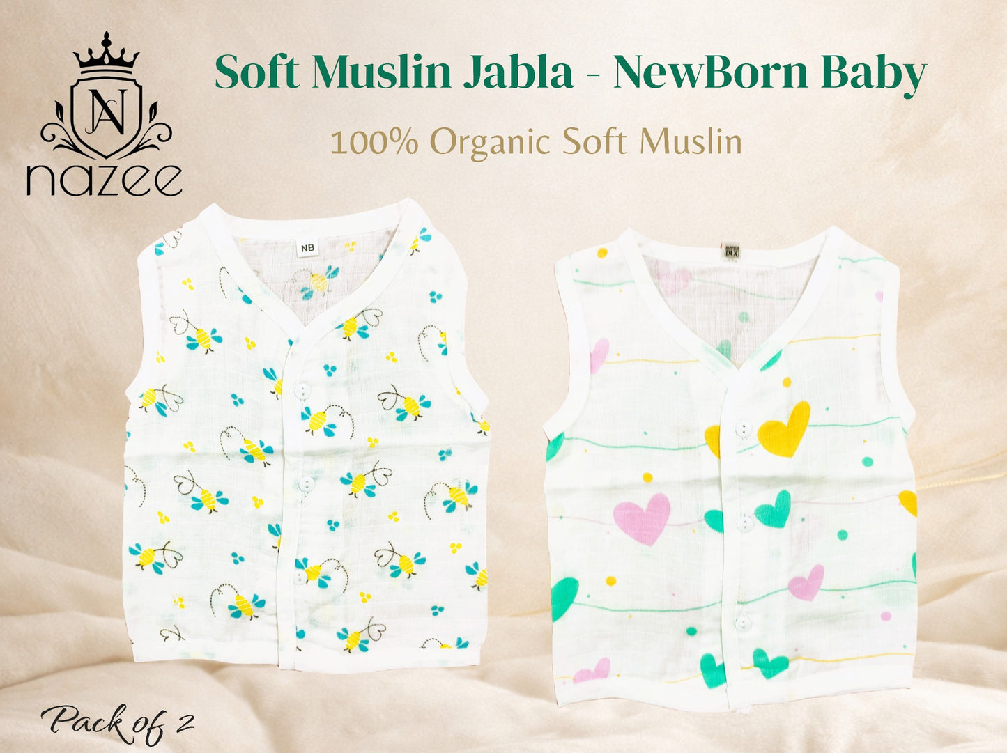 NewBorn Baby Jabla - Sleeveless Button Jabla Top Only - Pack of 2 (Model: JB-SL-B-1-204)