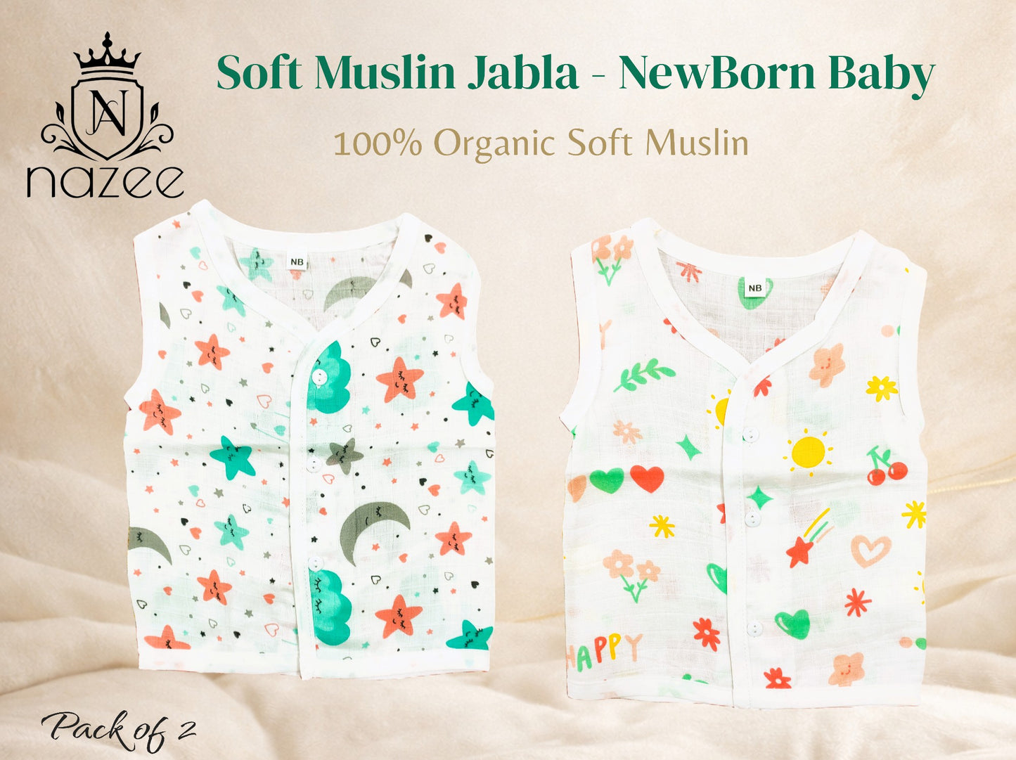 NewBorn Baby Jabla - Sleeveless Button Jabla Top Only - Pack of 2 (Model: JB-SL-B-1-205)
