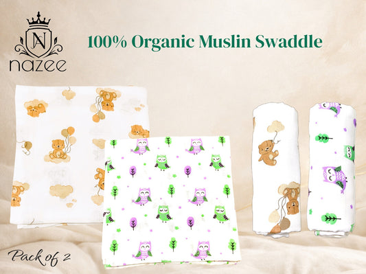 NewBorn Baby Swaddle - 100% Organic Muslin - 100x100cm - Pack of 2  (Model: SW-1-201)