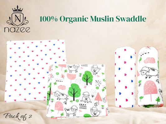NewBorn Baby Swaddle - 100% Organic Muslin - 100x100cm - Pack of 2  (Model: SW-1-202)