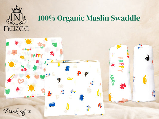 NewBorn Baby Swaddle - 100% Organic Muslin - 100x100cm - Pack of 2  (Model: SW-1-203)