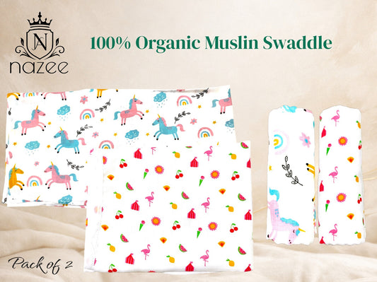 NewBorn Baby Swaddle - 100% Organic Muslin - 100x100cm - Pack of 2  (Model: SW-1-204)