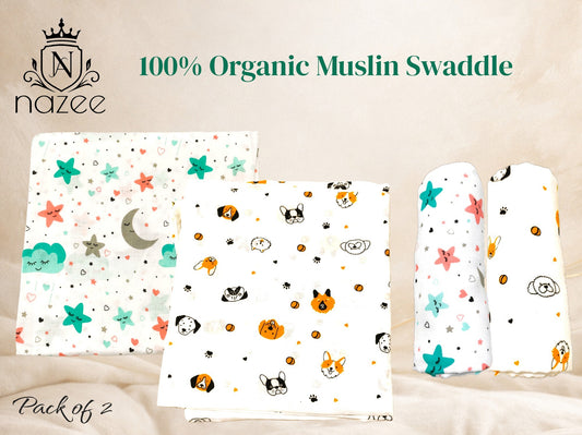 NewBorn Baby Swaddle - 100% Organic Muslin - 100x100cm - Pack of 2  (Model: SW-1-205)