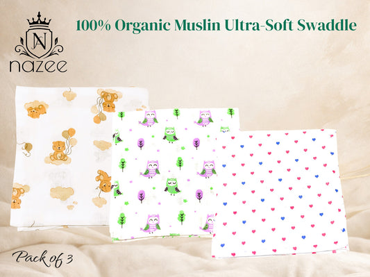NewBorn Baby Swaddle - 100% Organic Muslin - 100x100cm - Pack of 3  (Model: SW-1-301)
