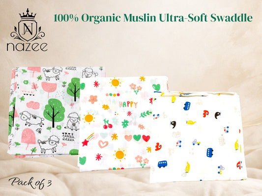 NewBorn Baby Swaddle - 100% Organic Muslin - 100x100cm - Pack of 3  (Model: SW-1-302)