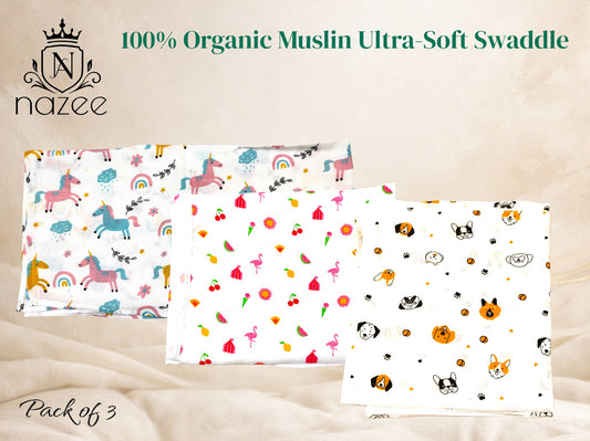 NewBorn Baby Swaddle - 100% Organic Muslin - 100x100cm - Pack of 3  (Model: SW-1-303)