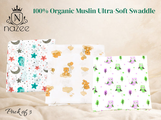 NewBorn Baby Swaddle - 100% Organic Muslin - 100x100cm - Pack of 3  (Model: SW-1-304)