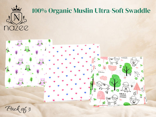 NewBorn Baby Swaddle - 100% Organic Muslin - 100x100cm - Pack of 3  (Model: SW-1-305)