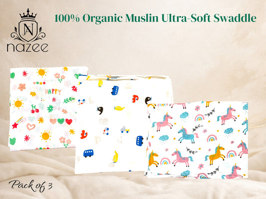 NewBorn Baby Swaddle - 100% Organic Muslin - 100x100cm - Pack of 3  (Model: SW-1-306)