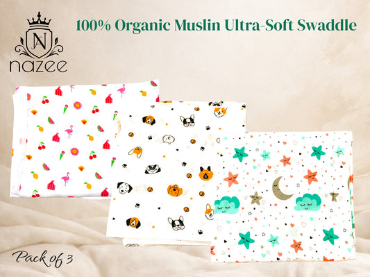 NewBorn Baby Swaddle - 100% Organic Muslin - 100x100cm - Pack of 3  (Model: SW-1-307)